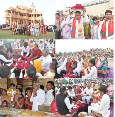 મંત્રી બાવળીયા પ્રેરિત  પવિત્ર યાત્રાધામ શ્રી ઘેલા સોમનાથ થી શાશ્વત શિવ સ્થાનક શ્રી સોમનાથ મંદિરે સવારે 6: કલાકે ધ્વજા રોહણ પૂજન અર્ચન કરી  350 કિ.મી ની જન કલ્યાણ શિવ વંદના પદયાત્રા  પૂર્ણ