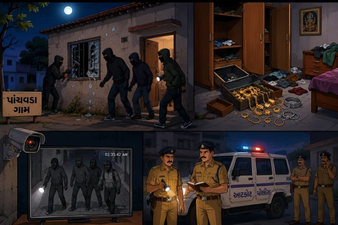જસદણના  પાંચવડા ગામમાં રાત્રે ચોર મવાલી ટોળકી ત્રાટકી બંધ મકાનનૅ નિશાન બનાવ્યું સોના ચાંદીના દાગીના બઠાવી  પલાયન   