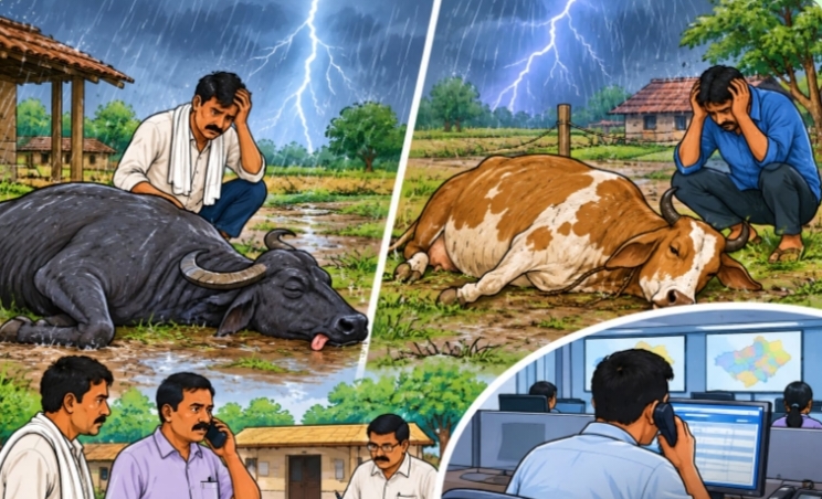 કોટડા સાંગાણીના ચાંપાબેડામા અનૅ ગૉમટા ગામૅ વીજળી પડતાં એક ભેંસ અને એક ગાય બે પશુનાં મોત થતા બંને પશુપાલકોને નુકસાન પંચાયતમાં એન્ટ્રી પાડી