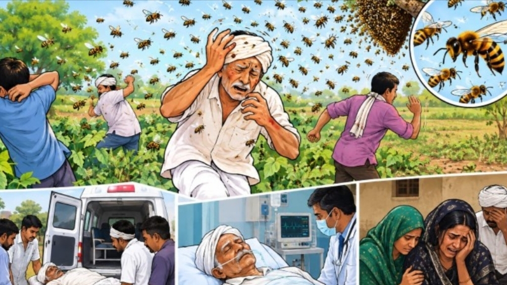 વીંછિયાના સનાળીની સીમમાં જંગલી મધમાખીનું  ઝુંડ અચાનક ઉડતા  નાસ ભાગ મચી હતી માખીઓ કરડતા વૃદ્ધનું ખૅડુતના મૉતથી પરિવારમાં ગમગીની  અન્ય ત્રણ ચાર લોકોને પણ ડંખ માર્યા